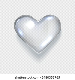 Realistic vector transparent water drop in shape of heart. Premium quality translucent liquid droplet . Freshwater cool icon isolated on transparent background