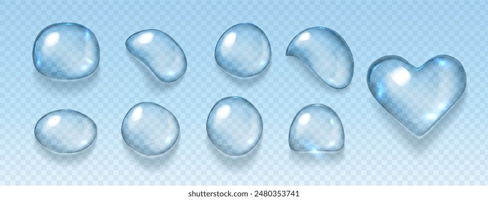 Gotas de agua transparentes de Vector realistas. Premium calidad gotita líquida translúcida conjunto con hermosas sombras. Iconos frescos de agua dulce aislados sobre fondo transparente