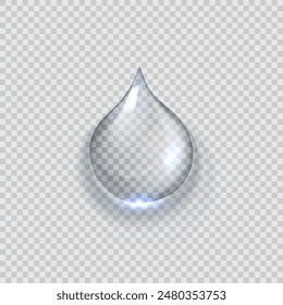 Realistic vector transparent water drops. Premium quality translucent liquid droplet set with beautiful shadows. Freshwater cool icons isolated on transparent background