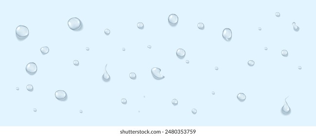Realistic vector transparent water drops. Premium quality translucent liquid droplet set with beautiful shadows. Freshwater cool icons isolated on transparent background