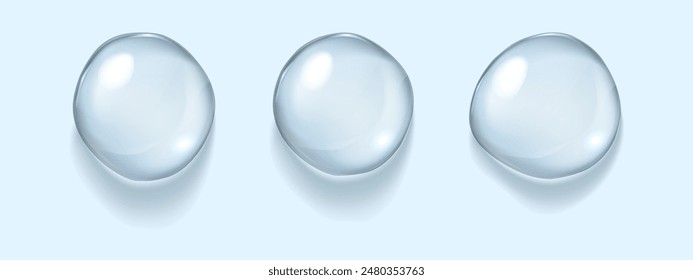 Realistic vector transparent water drops. Premium quality translucent liquid droplet set with beautiful shadows. Freshwater cool icons isolated on transparent background