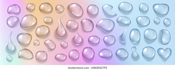 Realistic vector transparent water drops. Premium quality translucent liquid droplet set with beautiful shadows. Freshwater cool icons isolated on transparent background