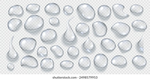 Realistic vector transparent water drops. Premium quality translucent liquid droplet set with beautiful shadows. Freshwater cool icons isolated on transparent background