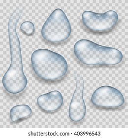Realistic vector transparent water drops on checkered background. Drop liquid set, aqua drop, clear drop ilustration