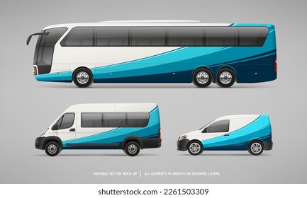 Realistic vector Travel Coach Bus, Company Van and Delivery Car Mockup set. Abstract graphic consept for Brand identity and Advertising on Passenger 