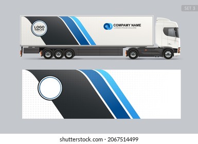 Realistic vector Truck trailer Mock-Up side view with blue wrap decal for livery branding design. Abstract graphic of blue and black stripes, sticker and decal design. Logistics for transport mockup