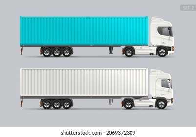 Realistic Vector Truck Trailer With Shipping Container Side View Blank Mockup Template. Logistics Cargo Transport For Presentation And Branding Mock-up
