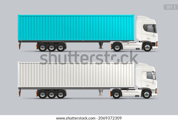 Realistic vector Truck trailer with shipping\
container side view blank Mockup template. Logistics cargo\
transport for presentation and branding\
mock-up