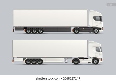 Realistic vector Truck trailer side view blank Mockup template. Logistics cargo truck. Transport mock-up for presentation and branding design