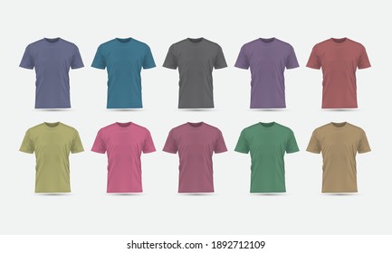 Realistic vector T-Shirt pastel color front view blank mockup collection set grey background illustration.