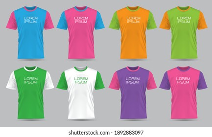 Realistic vector T-Shirt sport front view mockup collection set with text on grey background illustration. 