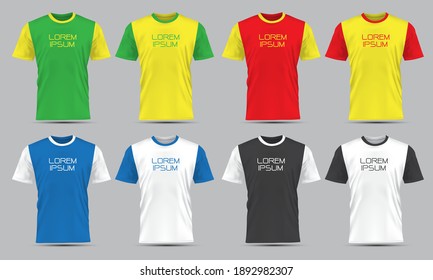 Realistic vector T-Shirt sport front view mockup collection set with text on grey background illustration. 