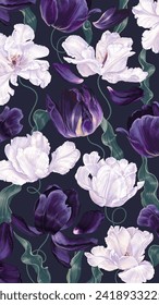 Realistic vector tulips wallpaper for desktop phone screen of social networks, outdoor advertising. Highly detailed dark purple and white spring flowers with leaves, petals for your design.