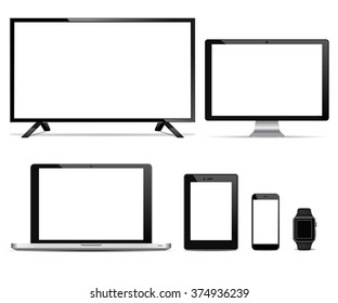 Realistic Vector TV Screen, Lcd Monitor, Laptop And Tablet, Mobile Phone, Watch  With Blank Screen. Isolated On White Background. For  Business Presentations