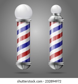 Realistic vector - two different old fashioned vintage silver and glass barber shop poles with red, blue and white stripes. Isolated on grey background, for design and branding. 