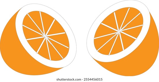 Realistic vector of two half orange slices, facing each other, colored orange isolated on white background