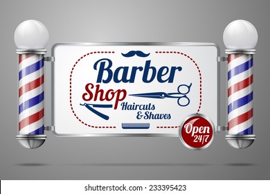 Realistic vector - two old fashioned vintage silver and glass barber shop poles holding Barber Sign. Isolated on grey background, for design and branding. 