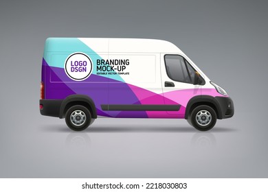 Vector realista Mockup de Van con calcomanía de envolvimiento de marca para el diseño de livery. Gráficos abstractos de colores de moda envoltura, pegatina y diseño de calcomanías para el transporte de la empresa. Vehículo de identidad de marca
