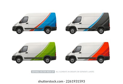 Realistic vector Van mockup set with branding wrap decal design and corporate identity. Abstract graphics and logo place on branding vehicle. Company delivery truck concept for transport advertising