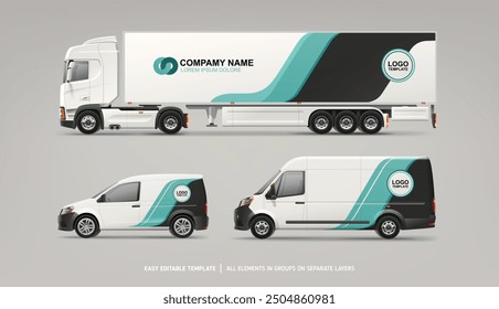 Realistic vector Van, Truck, Delivery Car mockup with graphics design for branding and corporate identity. Abstract graphics of blue stripes for vehicle branding and advertising