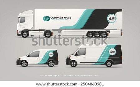 Realistic vector Van, Truck, Delivery Car mockup with graphics design for branding and corporate identity. Abstract graphics of blue stripes for vehicle branding and advertising