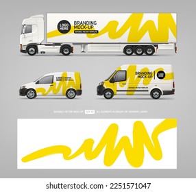 Realistic vector Van, Truck  mockup with branding and corporate identity decal. Abstract graphics of yellow stripe for flyer background. Editable template svg
