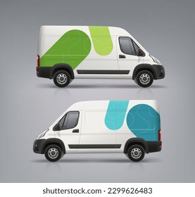 Van vectorial realista, parodia de Camión con el concepto de marca abstracta. Gráficos abstractos de rayas verdes y azules. Plantilla vectorial de cargo de empresa 