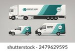 Realistic vector Van, truck trailer mockup with green stripes design for branding and corporate identity. Abstract graphics of blue and black stripes for business flyer background