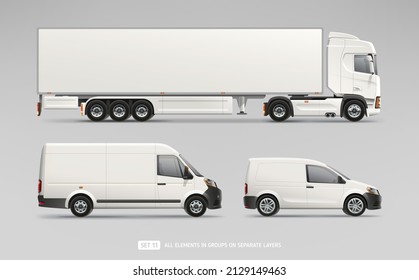Realistic vector Van, Truck trailer, Delivery Car mockup set for branding design. Side view cars blank mockup template for corporate identity presentation