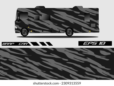 Vector vectorial realista Van, camión remolque de maquillaje conjunto con calcomanía azul para el diseño de marca de livery. Gráfica abstracta de la envoltura de rayas azules y negras, pegatinas y diseño de calcomanías para el transporte