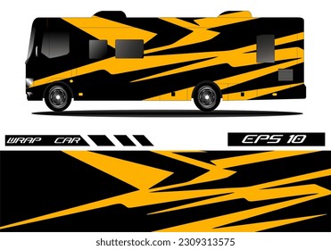 Realistic vector Van, truck trailer mockup set with blue wrap decal for livery branding design. Abstract graphic of blue and black stripes wrap, sticker and decal design for transport