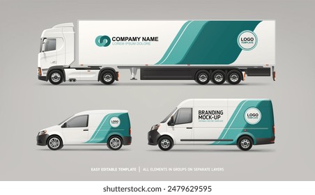 Realistic vector Van, truck trailer mockup with green stripes design for branding and corporate identity. Abstract graphics of blue and black stripes for business flyer background