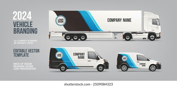 Realistic vector Van, Truck trailer mock-up set with branding design. Branding vehicle. Abstract graphic of blue and black stripes with space for logo design. Delivery Car with branding graphics