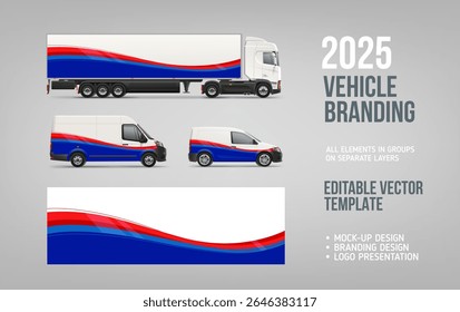 Vetor realista Van, caminhão reboque mock-up com design de listras vermelhas e azuis para marca e identidade corporativa. Gráficos abstratos de onda vermelha e azul para decalque de marca ou livery de corrida
