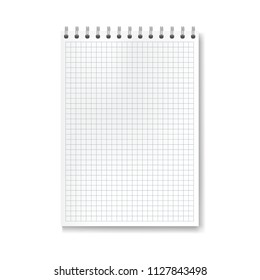 Realistic vector vertical math ruled notebook template. Copybook with blank quad paper on metallic ring spiral binder, organizer mockup for your education or business text