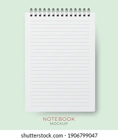 Realistic Vector Vertical Notebook Mockup With Lined Paper Sheet. Spiral Notepad Blank Mockup A4.