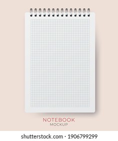 Realistic vector vertical notebook mockup with squared paper sheet. Spiral notepad blank mockup A4.