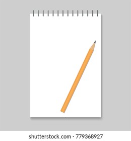 Realistic vector vertical paper spiral empty notebook with white cover and  lead pencil, office and school equipment mock up, vector illustration 
