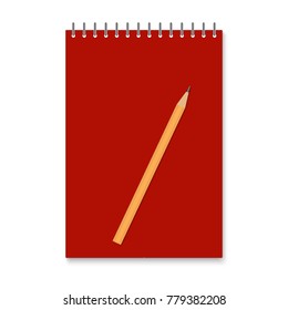 Realistic vector vertical paper spiral empty notebook with red cover and  lead pencil, office and school equipment mock up, vector illustration 