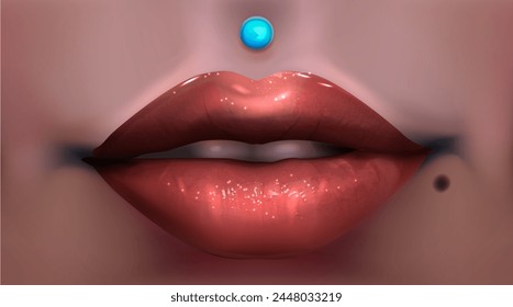 Realistic vector vinous lips. Sexually open mouth with white teeth.  Piercing on dark skin above the upper lip. Sexy brown lips pierced with a small blue diamond. Eps 10