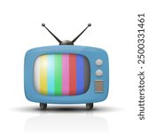 Realistic Vector Vintage Blue TV Set Icon with Striped Test Pattern. Retro TV Icon, Design Template, Clipart. Retro TV Symbol with and Color Bars for Web, Logo, App, UI