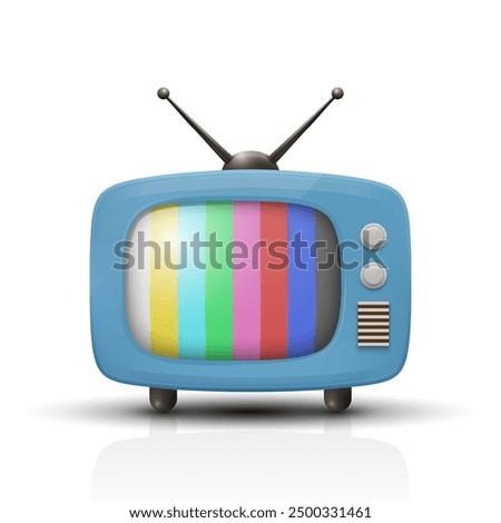 Realistic Vector Vintage Blue TV Set Icon with Striped Test Pattern. Retro TV Icon, Design Template, Clipart. Retro TV Symbol with and Color Bars for Web, Logo, App, UI