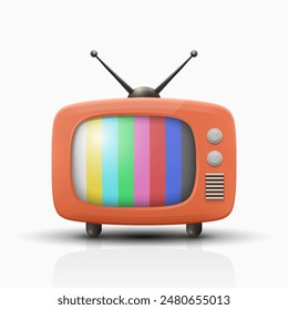 Realistische Vektorgrafik Klassisches rotes TV-Set-Symbol mit gestreiften Testmuster. Retro TV Icon, Design-Vorlage, Clipart. Retro TV Symbol mit und Farbbalken für Web, Logo, App, UI