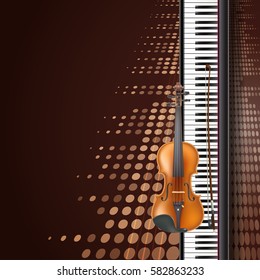 Realistic vector violin and piano keyboard, graphic equalizer brown musical background