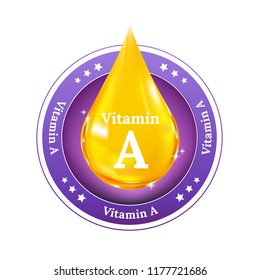 Realistic vector vitamin A drop. Badge for beauty and food concept. Button, label and sign.