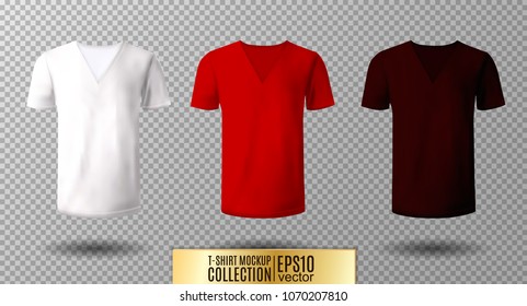 Realistic vector v-neck t-shirt mock up illustration. White, red, vinous