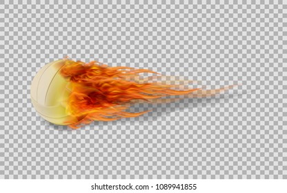 Realistic vector volleyball in fire on transparent background.