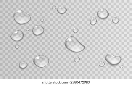 Realistic vector water drop, drops, droplets. PNG drops, condensation on glass, on various surfaces. Realistic drops on a transparent background. Rain and dew. Vector