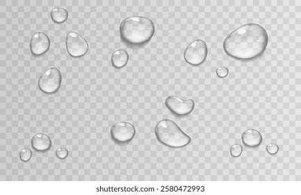 Realistic vector water drop, drops, droplets. PNG drops, condensation on glass, on various surfaces. Realistic drops on a transparent background. Rain and dew. Vector