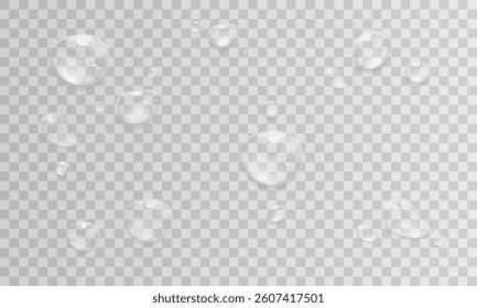 Realistic vector water drop, drops, droplets. PNG drops, condensation on glass, on various surfaces. Realistic drops on a transparent background. Rain and dew. Vector
